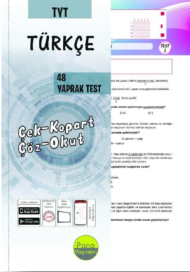 Pano Yayınevi TYT Türkçe Yaprak Testleri (48 Adet) Çek Kopart
